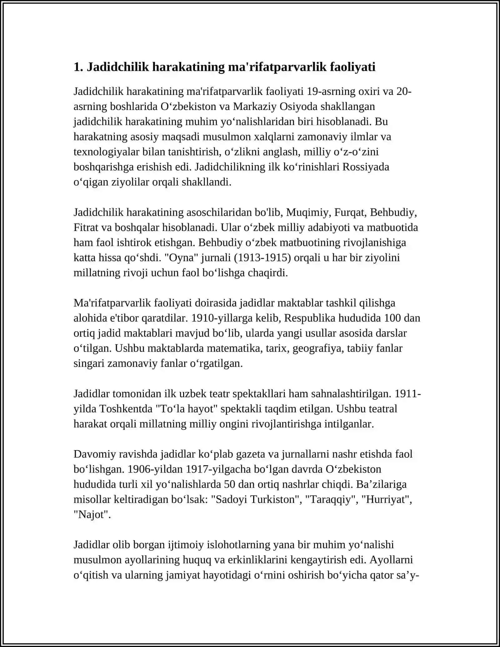 JADID MA'RIFATPARVARLARNING O'LKA IJTIMOIY-MANAVIY HAYOTIDA O'RNI (MUNAVVAR QORI,FITRAT,BEHBUDIY,AVLONIY) 3