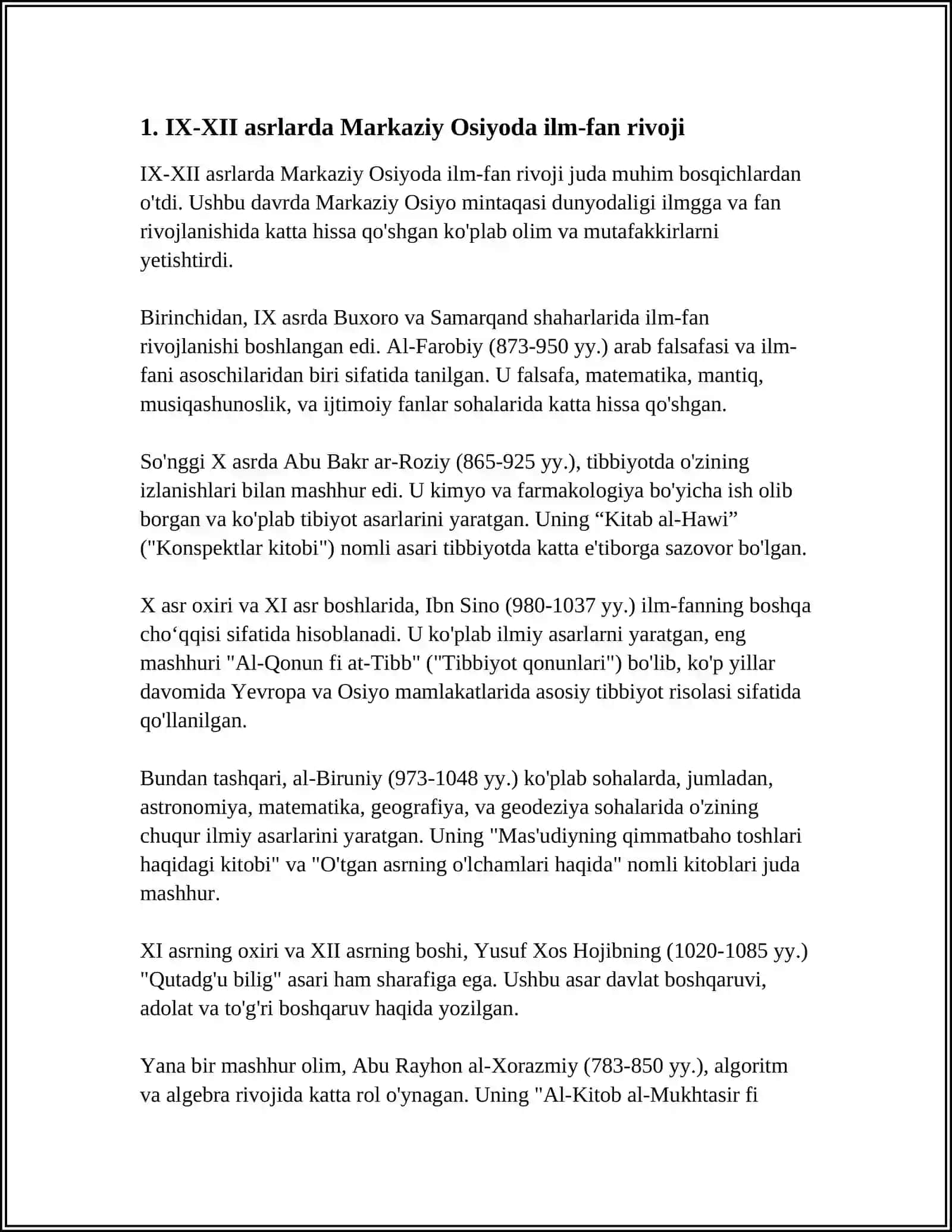 IX-XII ASRDA MAMLAKATIMIZ TERITORIYASIDA YUZ BERGAN MADANIY UYG'ONISH (RENESSANS) ULUG' ULOMOLARIMIZNING DUNYO CIVILIZACIYASIGA QO'SHGAN ULUSHI 3