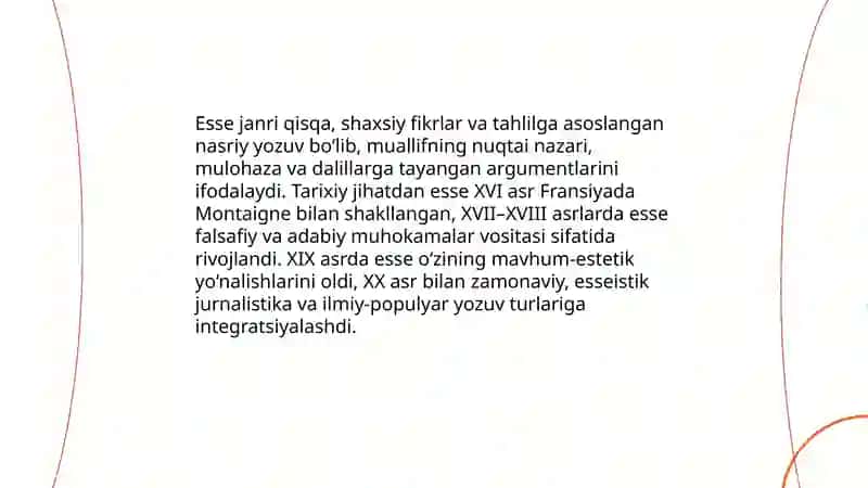Esse janrining talablari va ta'rifiga ko'ra matn 3