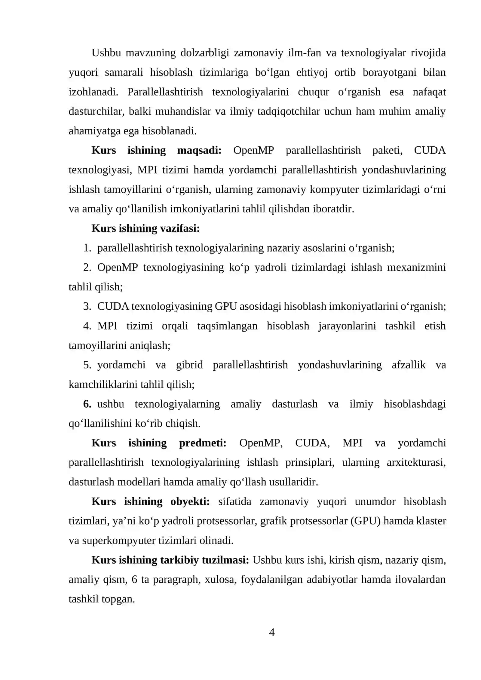 OpenMP parallellashtirish paketi, CUDA texnologiyasi, MPI texnologiyasi, yordamchi parallellashtirish texnologiyasi 3