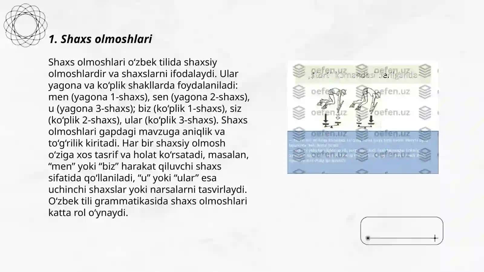 O‘zbek tilida shaxsiy olmoshlardir va shaxslarni ifodalaydi 3