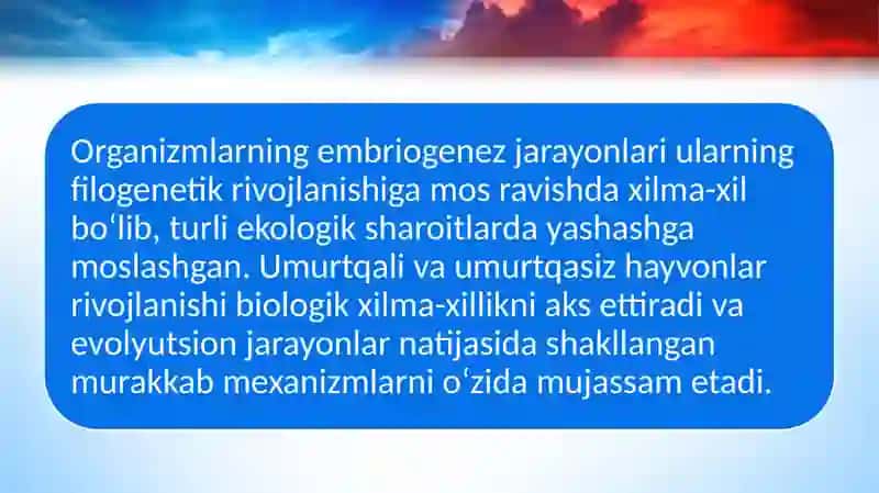 Umurtqali va umurtqasiz hayvonlar rivojlanishi misolida embriogenez xilma-xilligining filogenetik asoslari 3