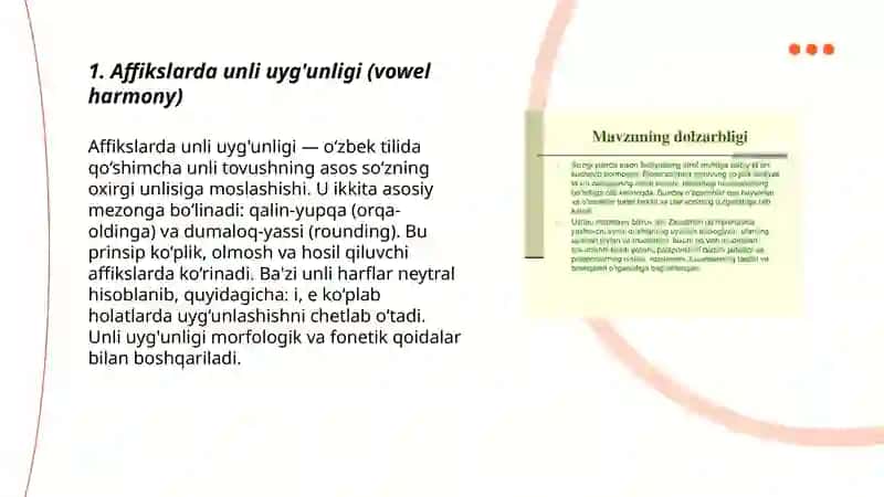Affikslarda unli uyg'unligi (vowel harmony) 3