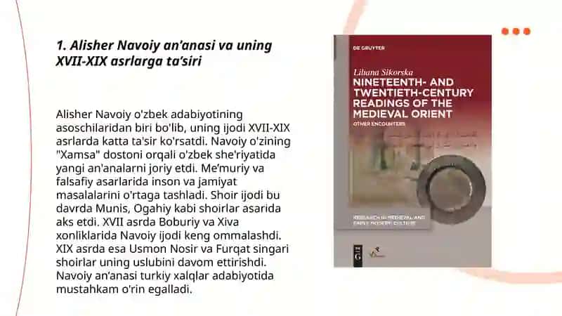 XVII-XIX asrlarda Alisher Navoiy an’anasi va o’zbek adabiy tili taraqqiyotini o’rganishda Bobur, Muhammad Solih asarlarining ahamiyati. 3
