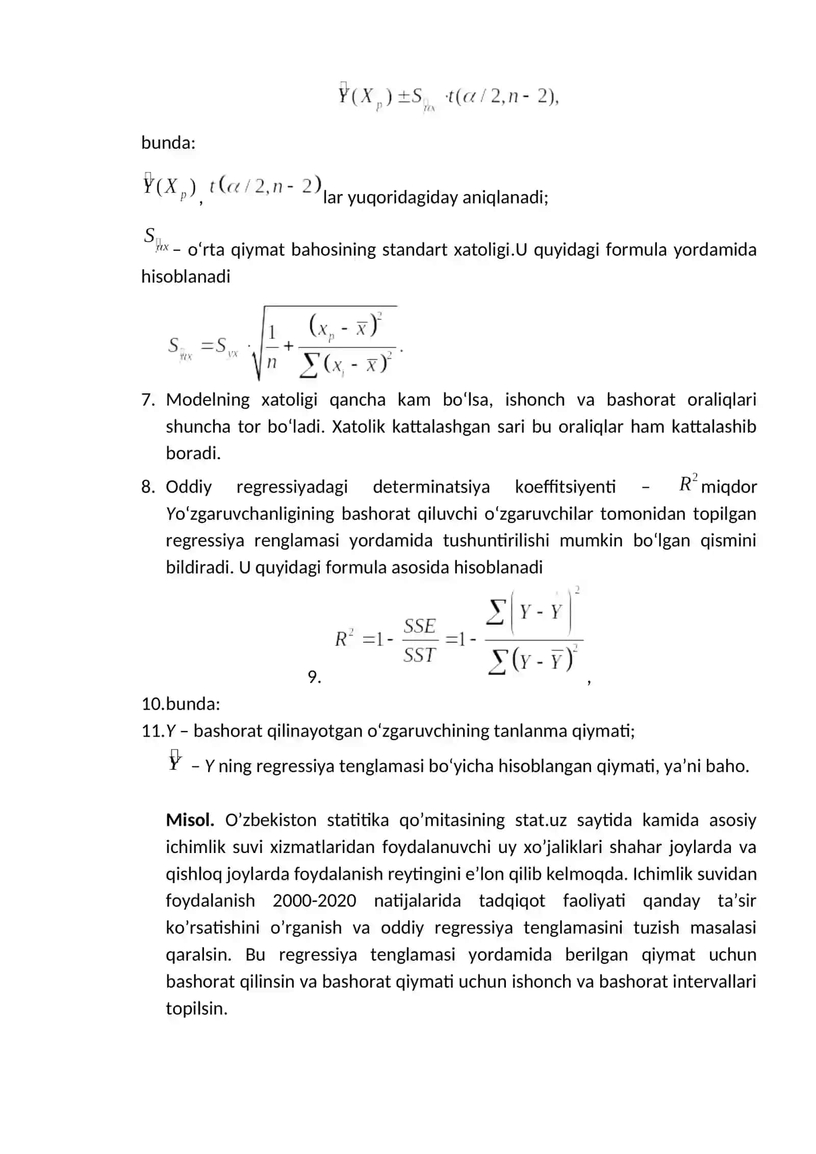 Juftlik regressiyaning chiziqli tenglamasi. Chiziqli regressiya koeffitsiyentlarining statistik tahlili. Oddiy regressiya modellarda ishonch va bashorat intervallari 3