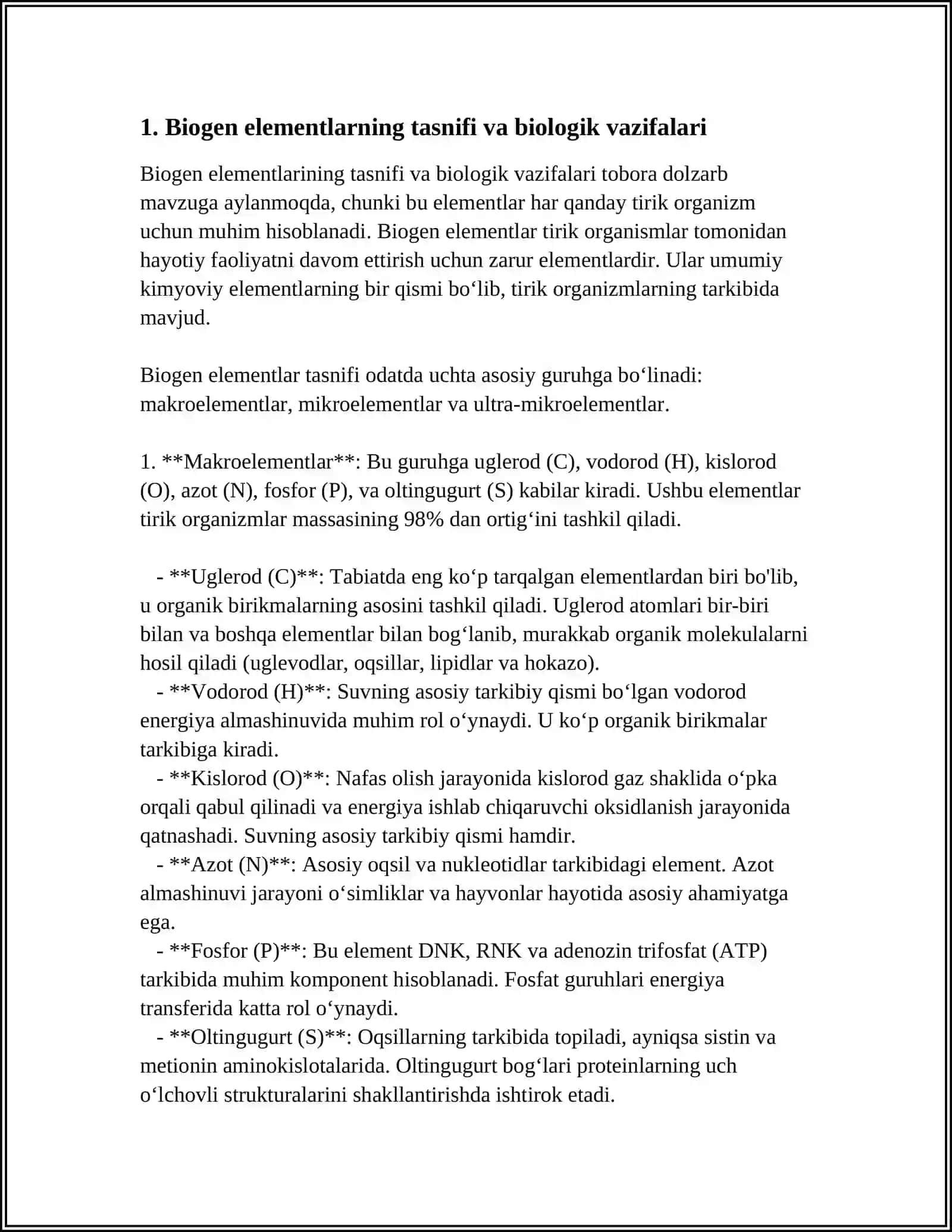 BIOGEN ELEMENTLAR. ERITMALARNING KOLLIGATIV XOSSALARI. BUFER SISTEMA 3