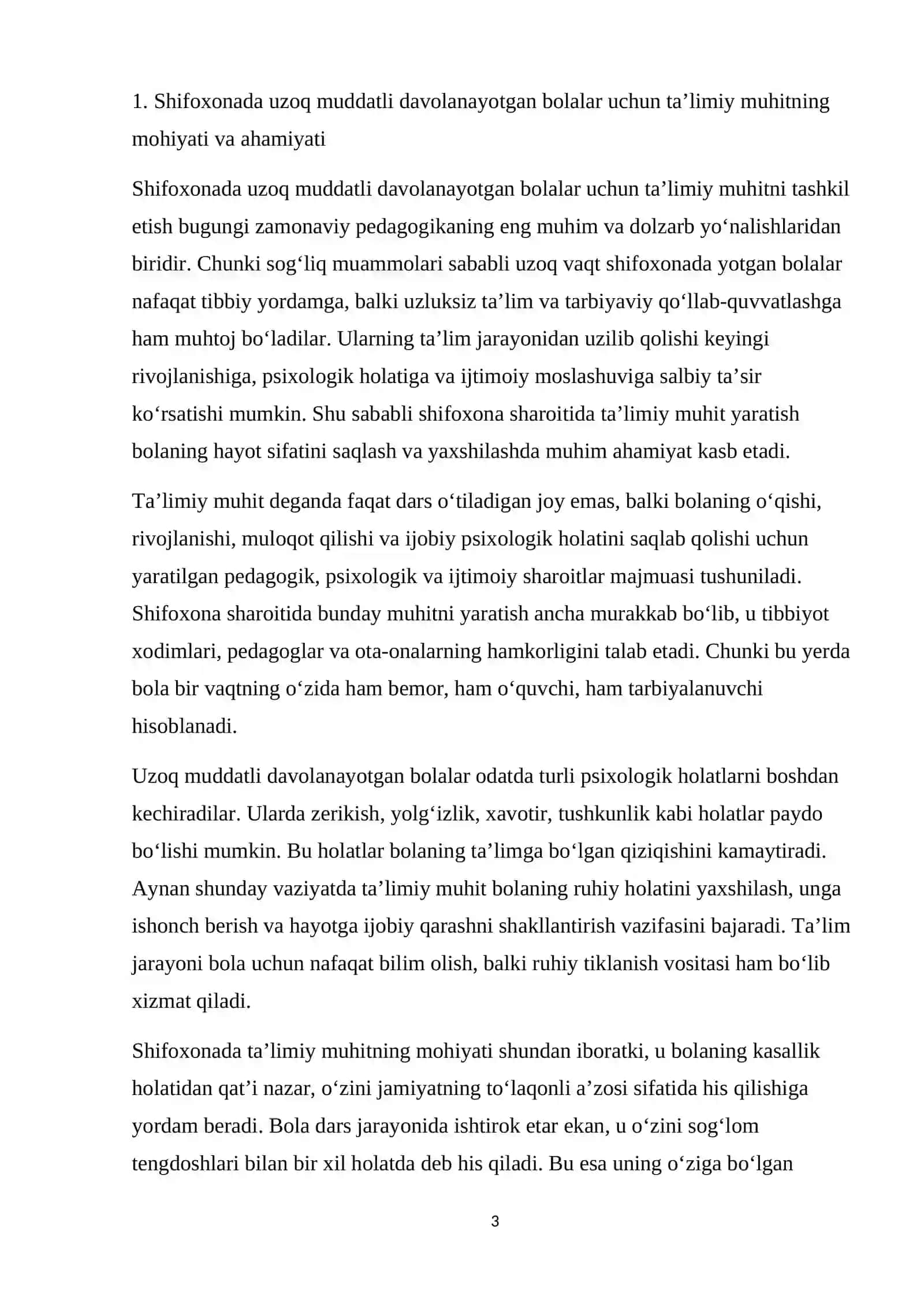 Shifoxonada uzoq muddatli davolanayotgan bolalar uchun ta’limiy muhitni yaratishning o’ziga xos hususiyaslari 3
