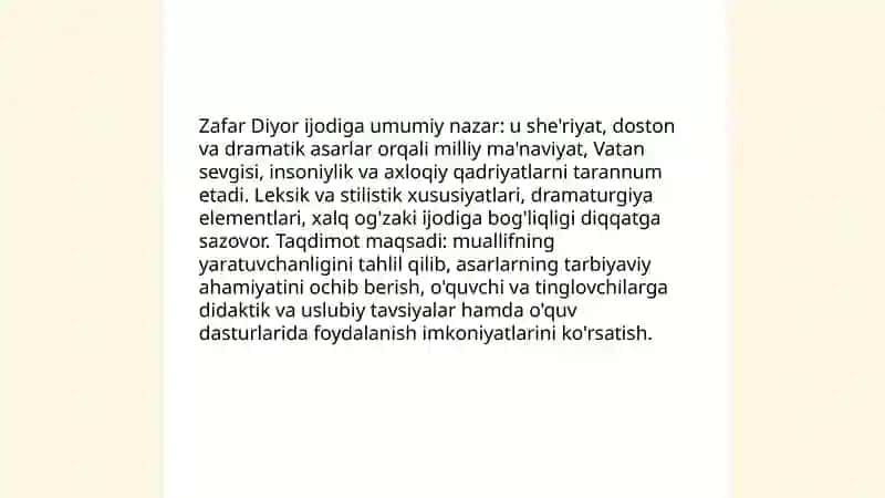 Zafar Diyor ijodi she'riyati, dostonlari dramatik asarlarining tarbiyaviy ahamiyati haqida taqdimot 3