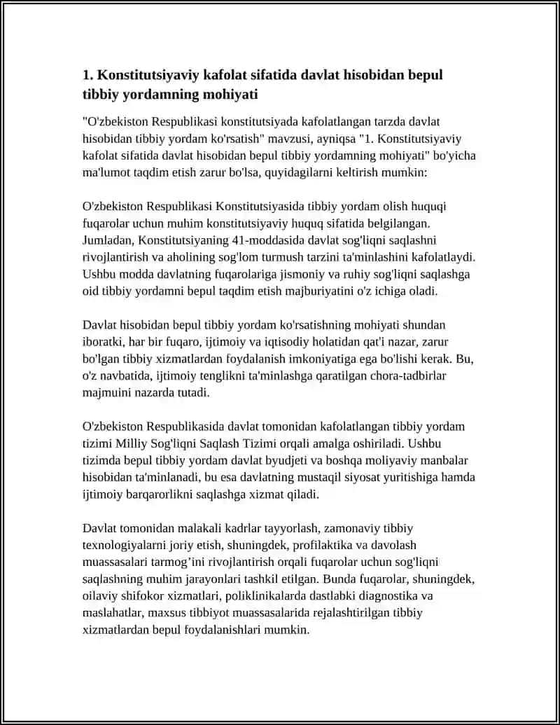 O'ZBEKISTON RESPUBLIKASI KONSTITUTSIYADA KAFOLATLANGAN TARZDA DAVLAT HISOBIDAN TIBBIY YORDAM KURSATISH 3