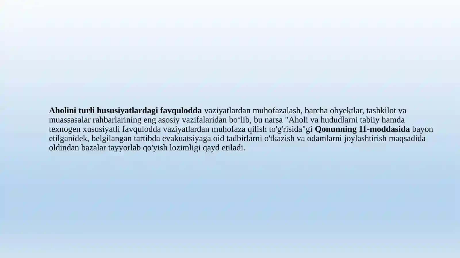 Favqulodda vaziyatlar havfi tugʻilganda va sodir boʻlganda aholini evakuatsiyalashni tibbiy ta'minlash 3