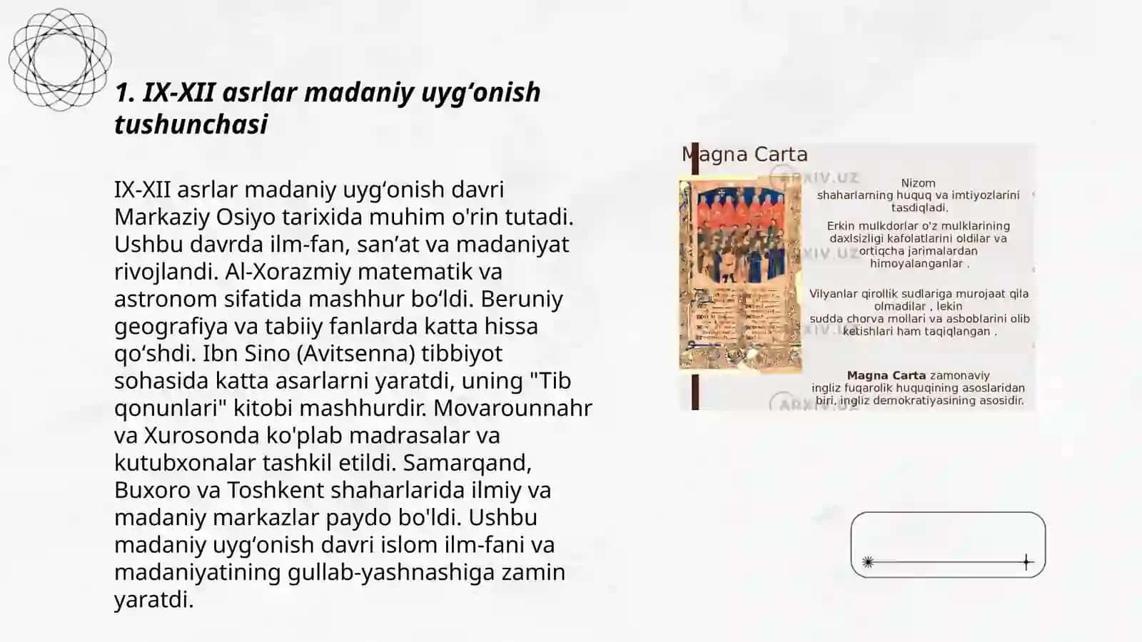 IX - XII asrlarda mamlakatimiz hududida roʻy bergan madaniy uygʻonish (Renessans) 3