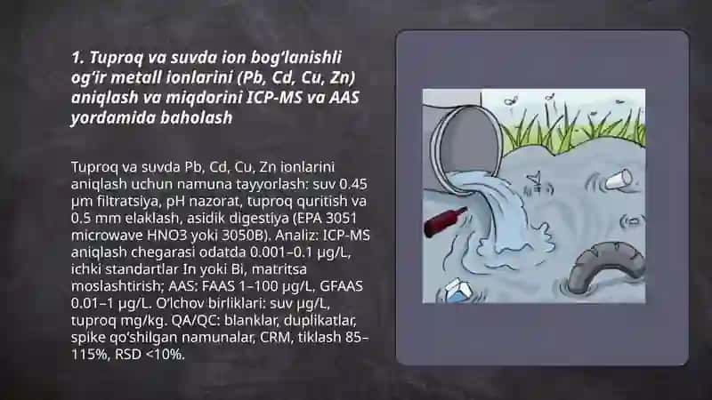 Tuproq va suvdagi ion bogʻlanishli ifloslovchi moddalarni aniqlash 3