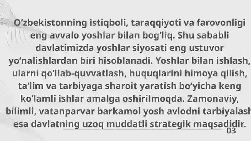 Oʻzbekistonda yoshlar siyosati va uning ahamiyati. Barkamol avlodni tarbiyalashning asosiy yoʻnalishlari 3