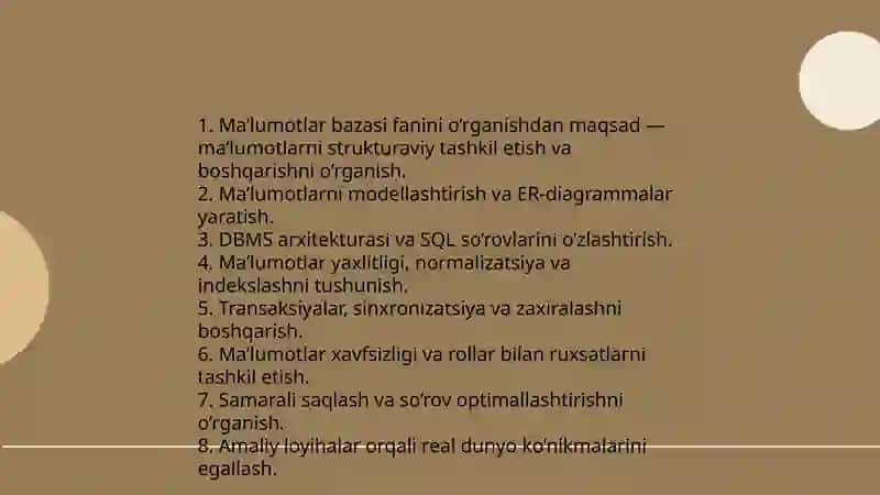 1- Mavzu. Ma’lumotlar bazasi faninini o’rganishdan maqsad. MB vazifalari va asosiy tushunchalari. 3