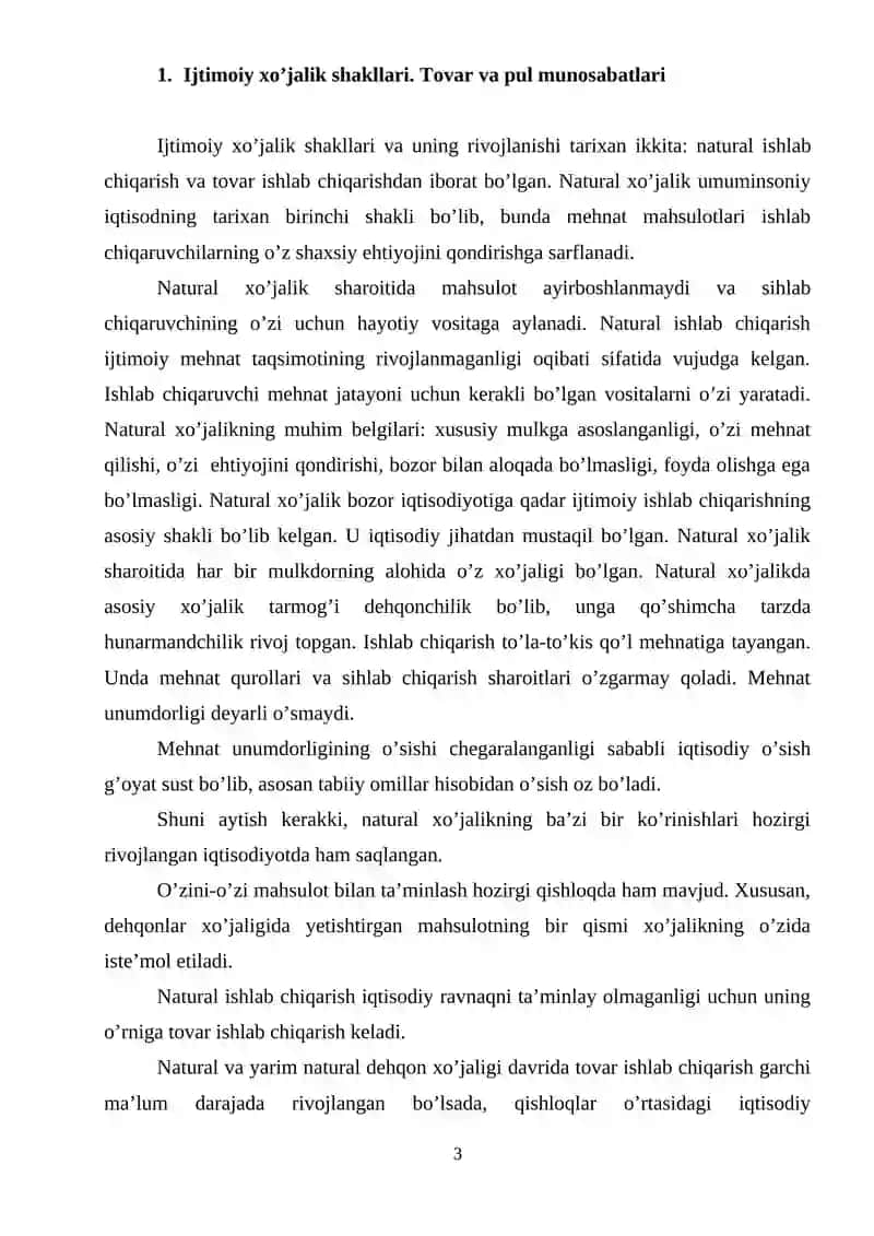 Natural va tovar xo’jaligi, ularning belgilari 3