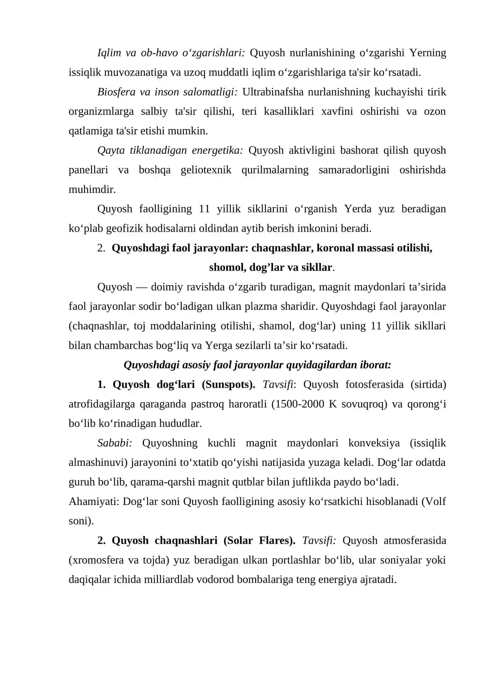 Quyoshda ro’y beradigan jarayonlarning unga tasiri 3
