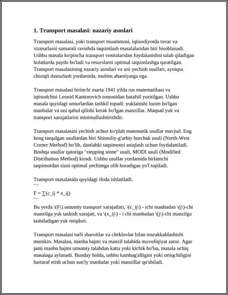Transport Masalasining Qo’yilishi Va Yechishning Usullariga Doir Tadqiqot Ishi 3