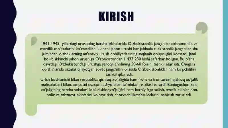 IKKINCHI JAHON URUSHI YILLARIDA OʻZBEKISTON SANOATI VA QISHLOQXOʻJALIGI 3