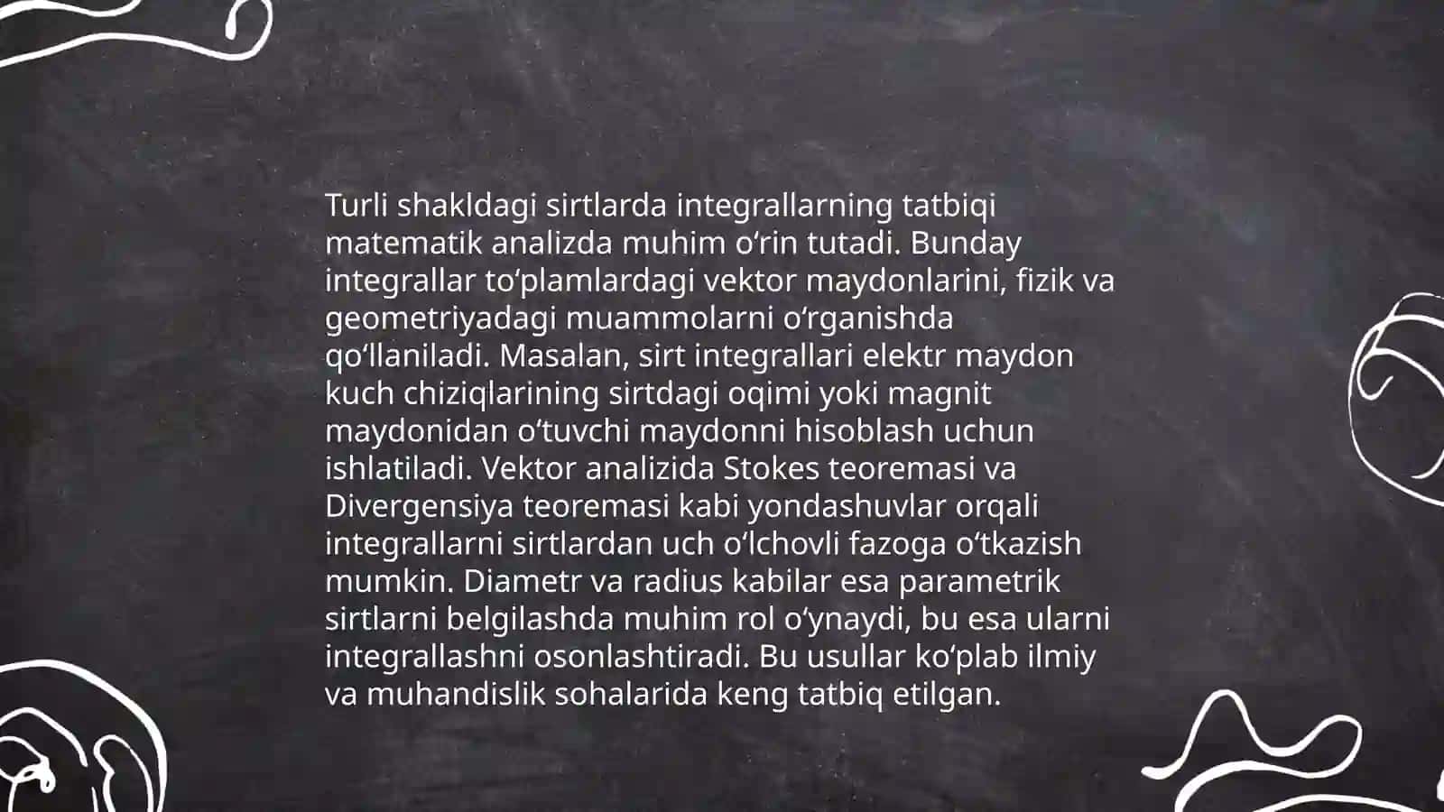 Birinchi va ikkinchi tur sirt integrallarining tatbiqi 3