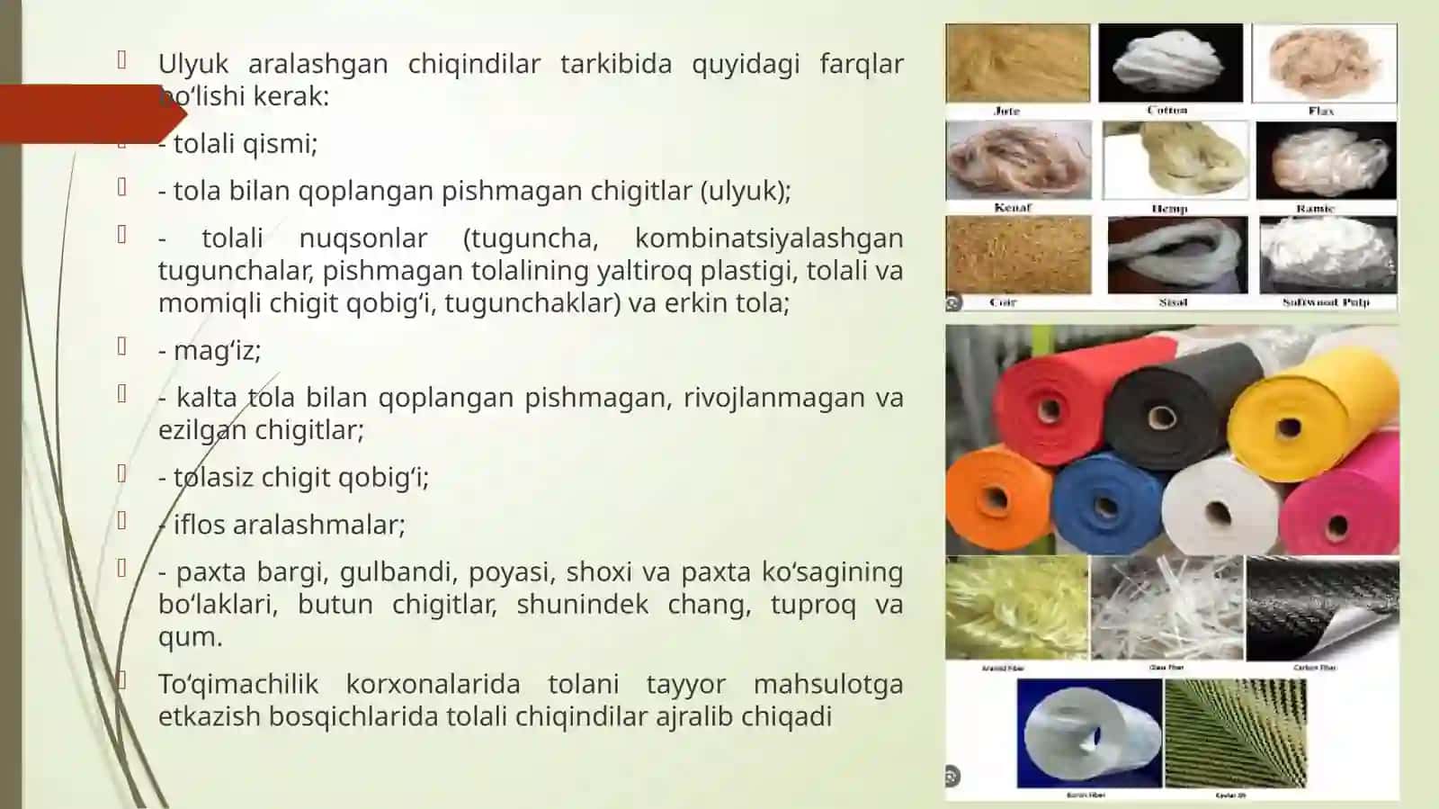 Yengil sanoat mahsulotlari tayyorlash korxonalari qoldiqlarini utilizatsiyalash va ikkilamchi mahsulotlar olish.Oqovasuvlarnitozalashvaikkilamchifoydalanish 3