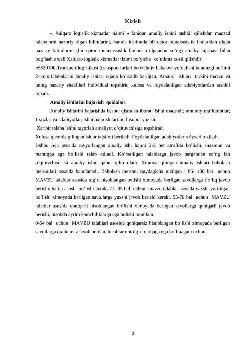 Tashishni tashkil etish va transport logistikasi (avtomobil transporti) yo‘nalishi talabalari uchun amaliy mashg`ulotlarini bajarish bo’yicha 3
