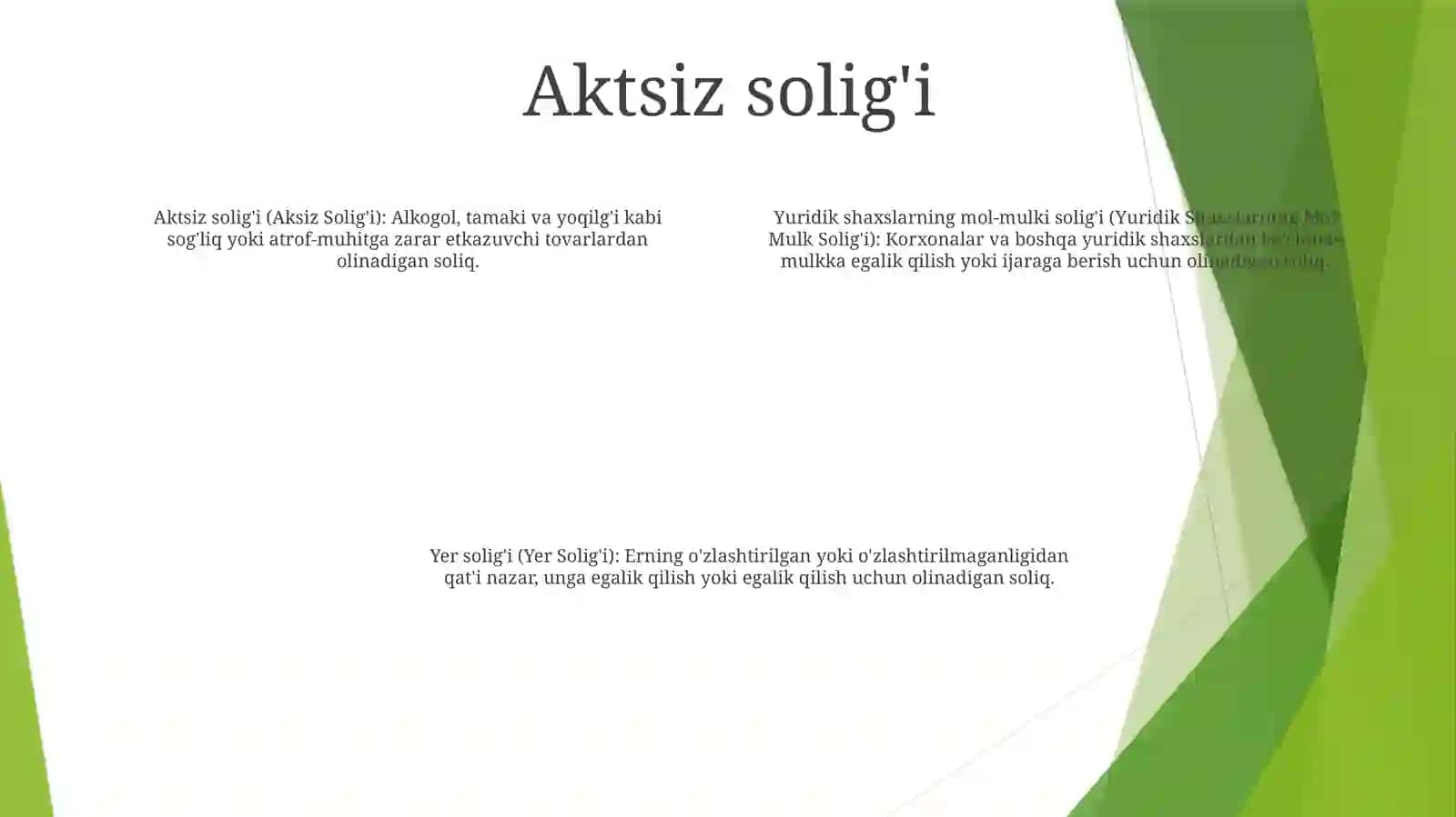 Aksiz Solig’I. Yuridik Shaxslarning Mol Mulk Solig’I Va YerSolig’I 3