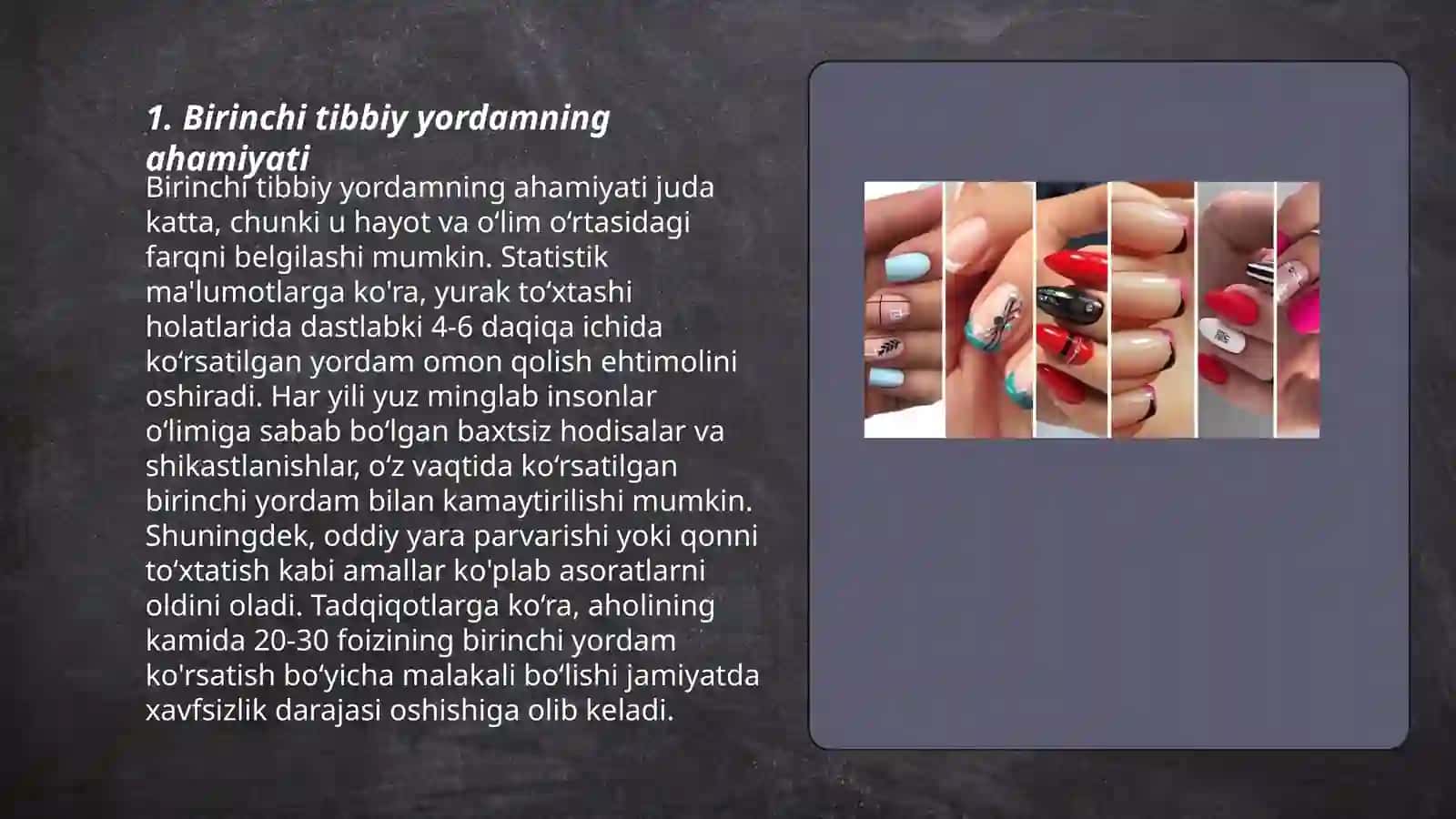 Birinchi tez tibbiy yordamning ahamiyati va uni bajarishning umumiy qoidalari.Yongʻinni bartaraf etishning zamonaviy usullari va vositalari 3