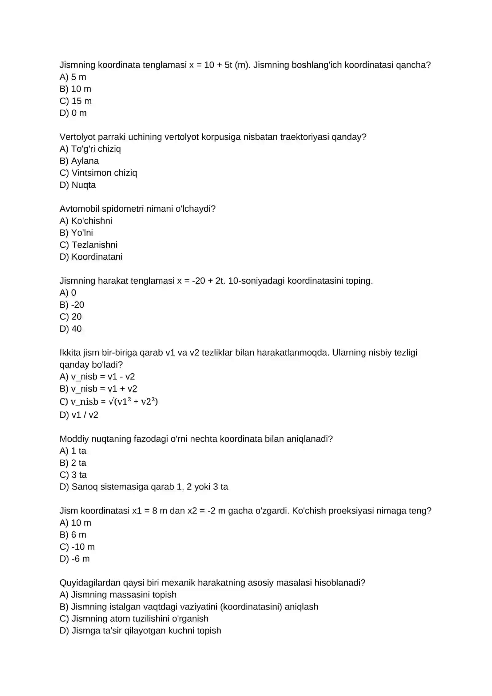 Fizika fanidan "Mexanika" bo'limiga oid mavzulashtirilgan test va yozma ish savollari (ya'ni tayyor o'quv dasturi, bir yillik nazorat materiallari ) 3