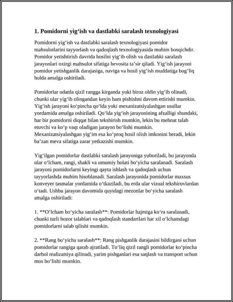 Pomidorni yig‘ish va dastlabki saralash texnologiyasi 3