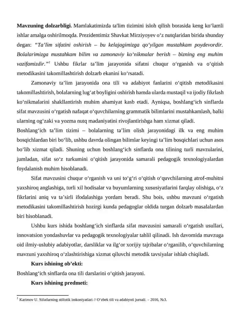 Boshlang'ich sinflarda sifat mavzusini o'rgatish metodikasi kurs ishi 3