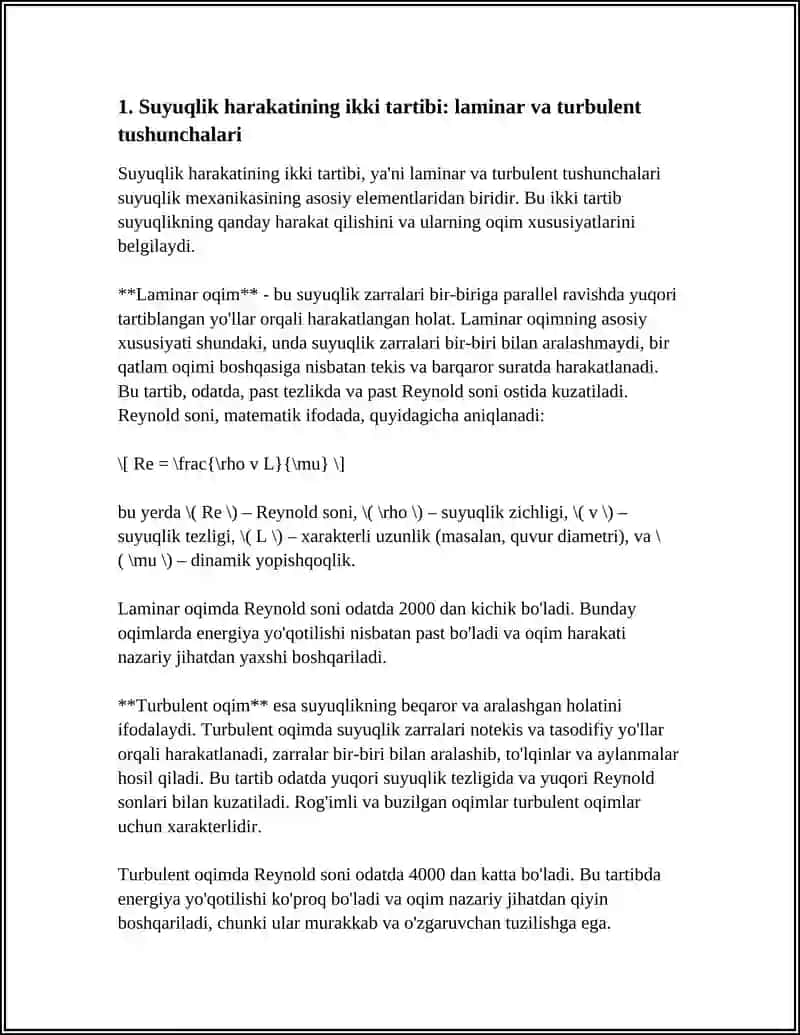 SUYUQLIK HARAKATINING IKKI TARTIBI. REYNOLDS KRITIK SONI 3