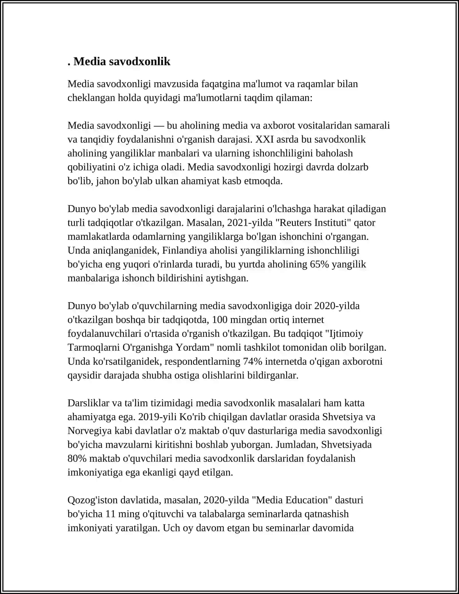MEDIA SAVODHONLIK VA AXBOROT MADANIYATINING TARIXIY EVOLYUTSIYASI MAVZUSI BO'YICHA 20TA KRASSVORD 3