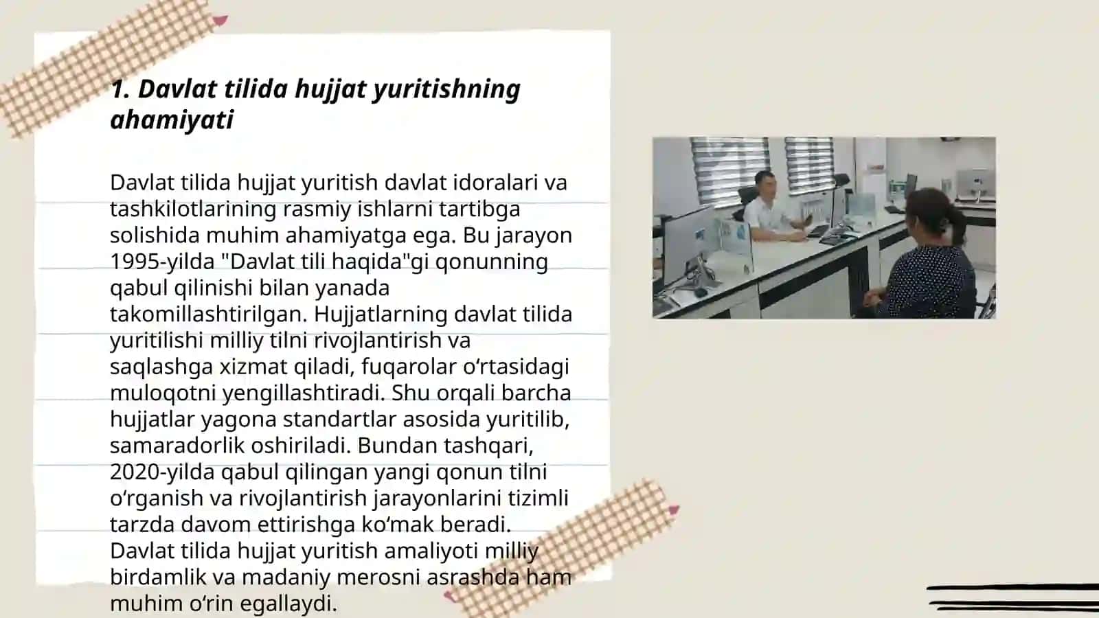 Vazirlar Mahkamasining,,Mamlakatimizda davlat tilida ish yuritishning samarali tashkil qilishning chora-tadbirlari tog'risi'' dagi qarorining davlat tilida ish yuritishni samarali tashkil etishdagi õrni 3