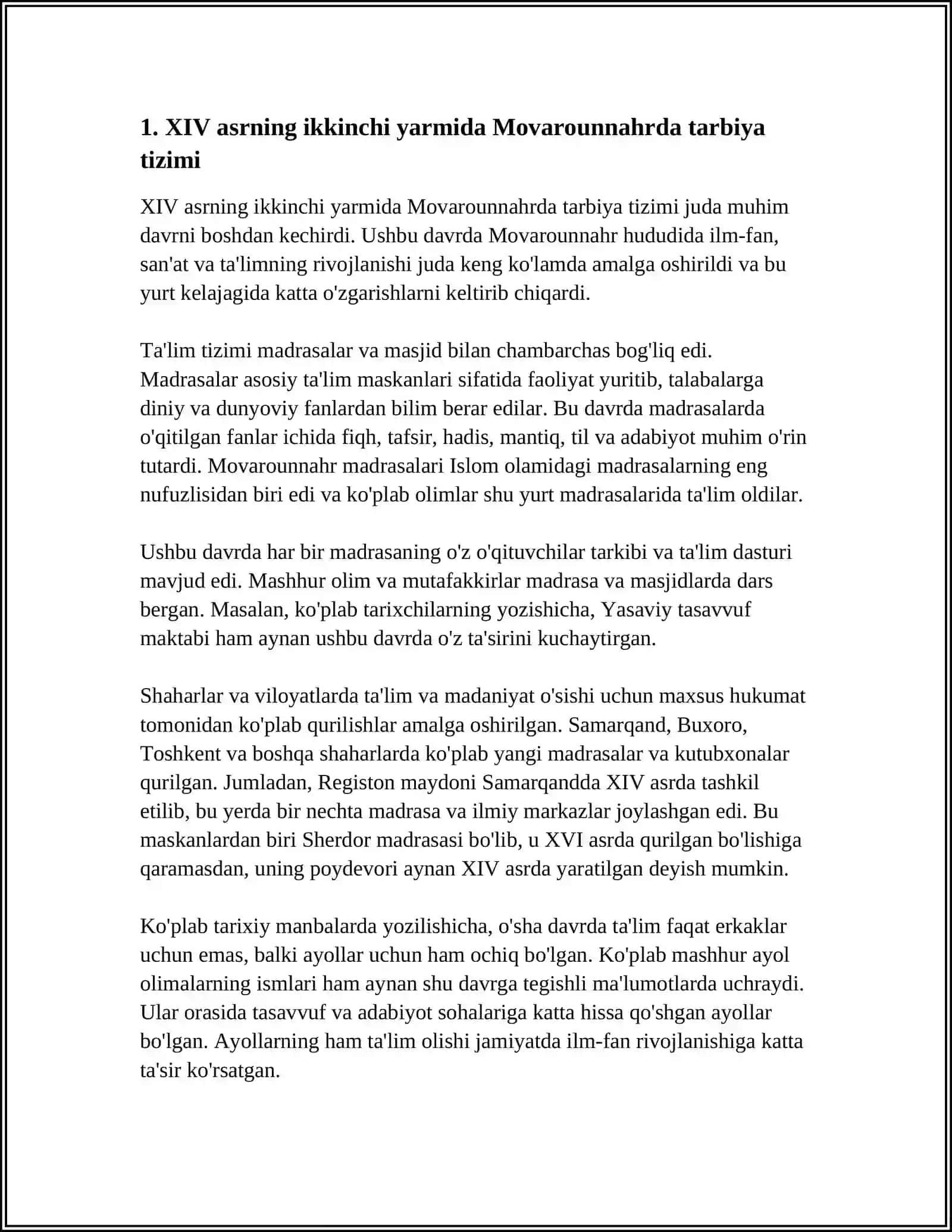 XIV ASRNING IKKINCHI YARMI VA XVI ASRDA MOVARAUNNAHRDA TARBIYA VA MAKTAB VA PEDAGOGIK FIKRLAR RIVOJI. MOVARAUNNAHRDA AMIR TEMUR TOMONIDAN MARKAZLAHGAN DAVLAT BARPO ETILISHI VA UNING FAN, MADANIYAT VA MA'RIFAT RIVOJIGA QO'SHGAN HISSASI. ALISHER NAVOIYNING ASARLARIDA TARBIYA VA INSONPARVARLIK MASALALARI 3