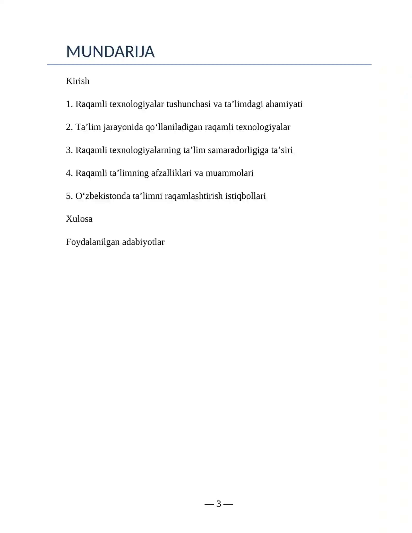 Talimda raqamli texnologiyalardan foydalanish- referat 3