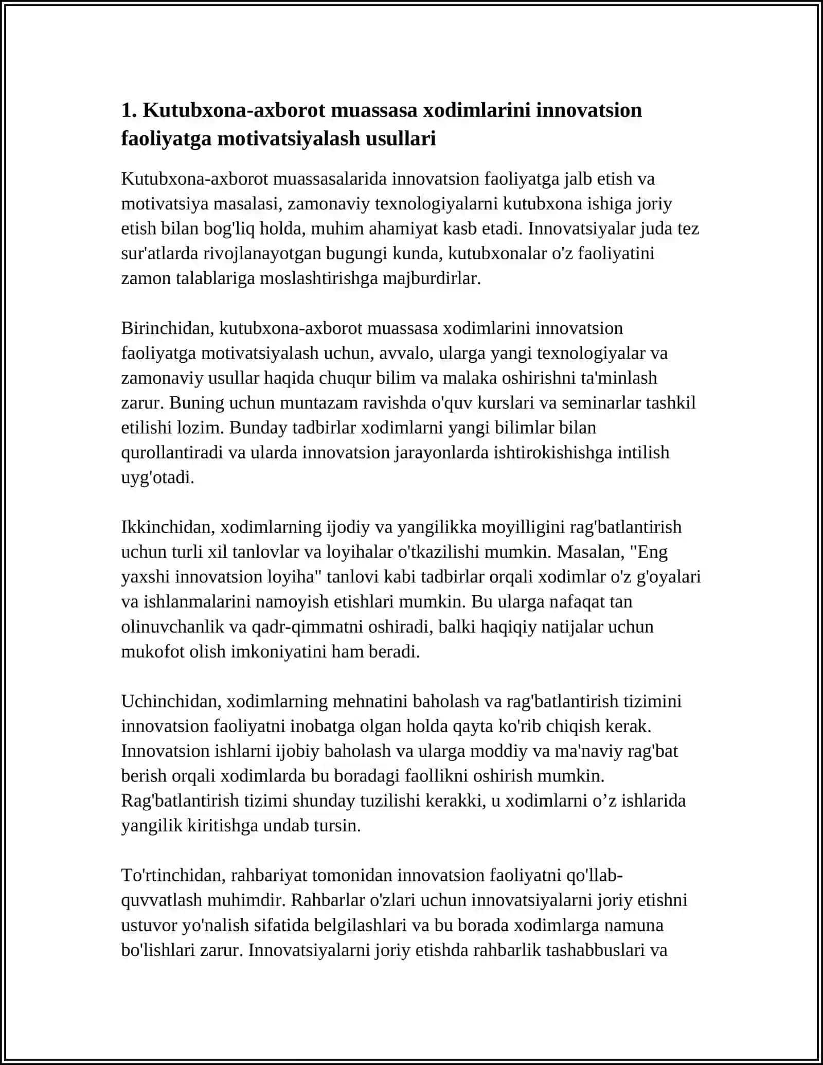 REFERAT: KUTUBXONA- AXBOROT MUASSASA XODIMLARINI INNOVASTSION ISHLARGA JALB ETISH MASALALARI 3