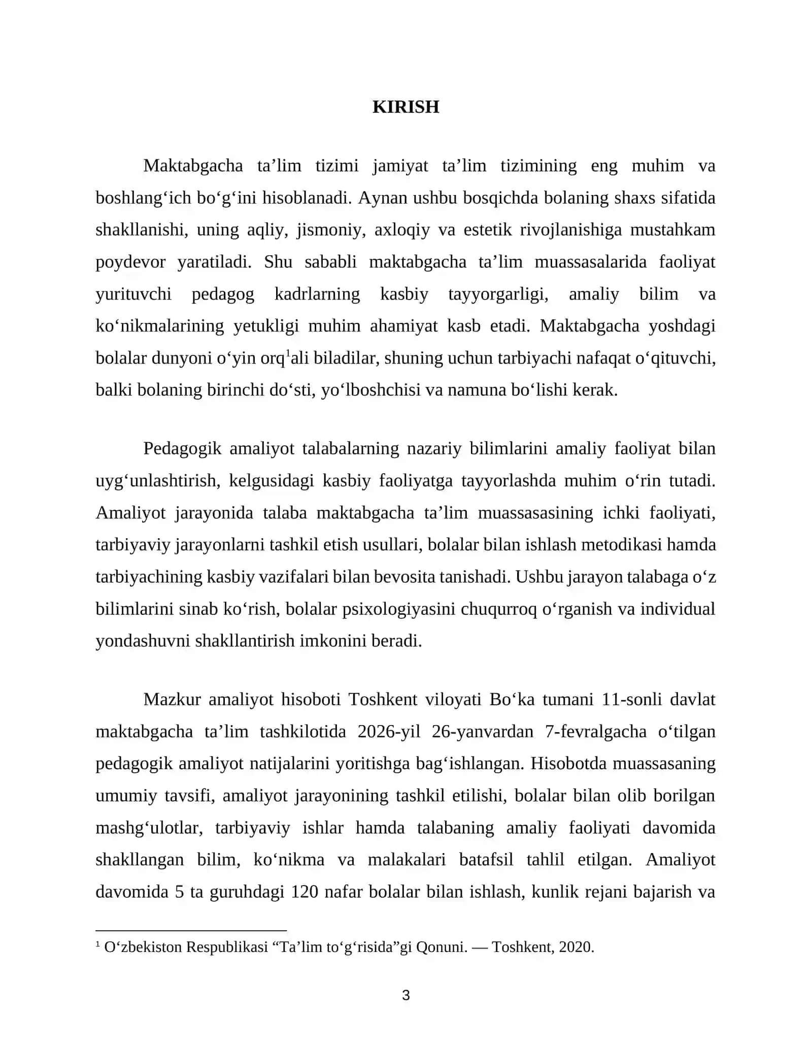 AMALIYOT HISOBOTI. Bog'cha bo'yicha (MTT) 3