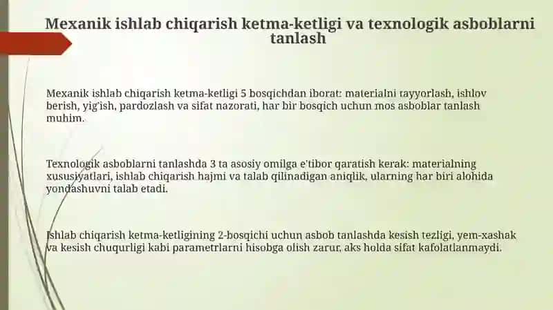 Mexanik ishlab chiqarish ketma-ketligi va texnologik asboblarni tanlash 3