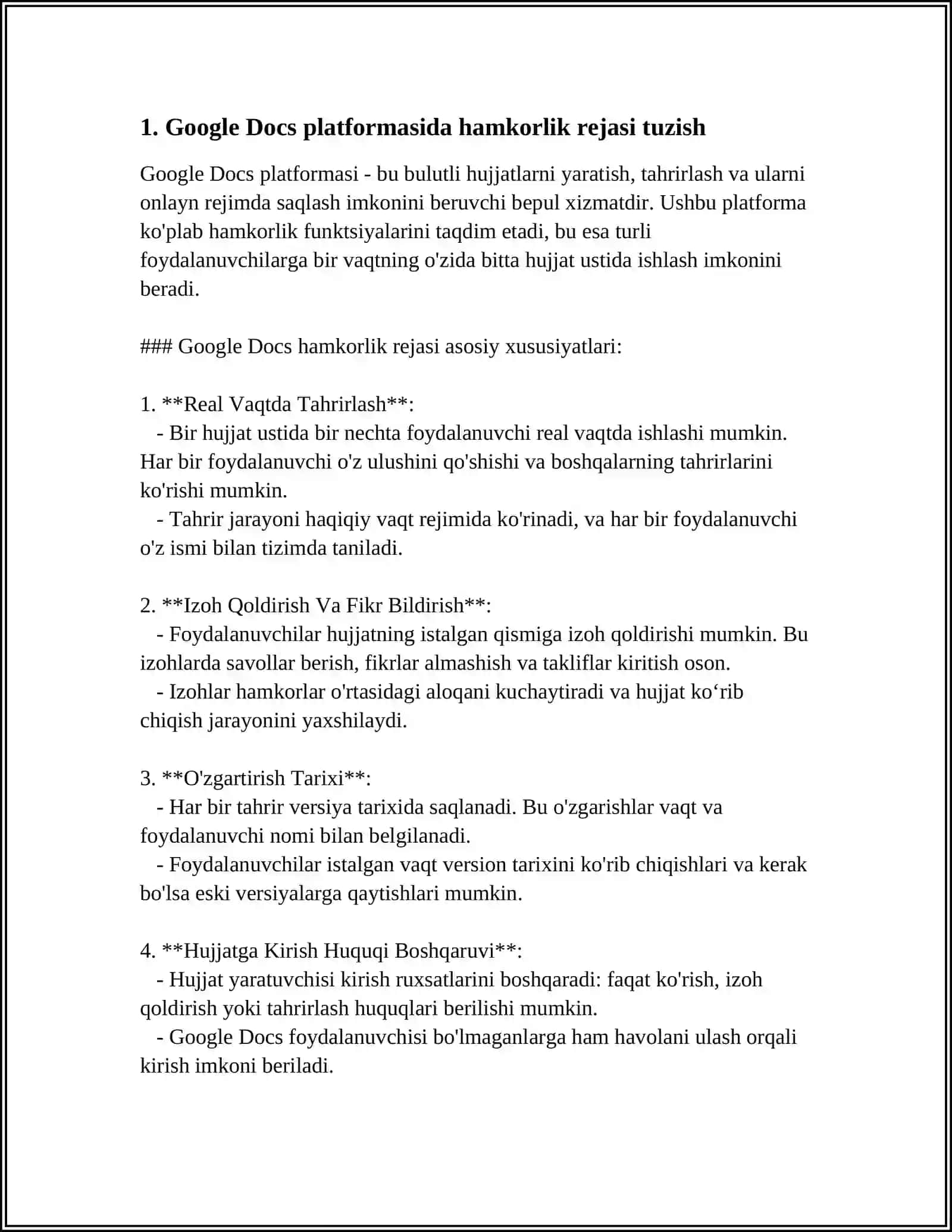 GOOGLE DOCS PLATFORMASIDA "BIR VAQTDA BIR HUJJAT USTIDA BIR NECHA FOYDALANUVCHI BILAN HAMKORLIKDA ISHLASH IMKONIYATI".USLUBIY KOʻRSATMA SHAKLIDA 3