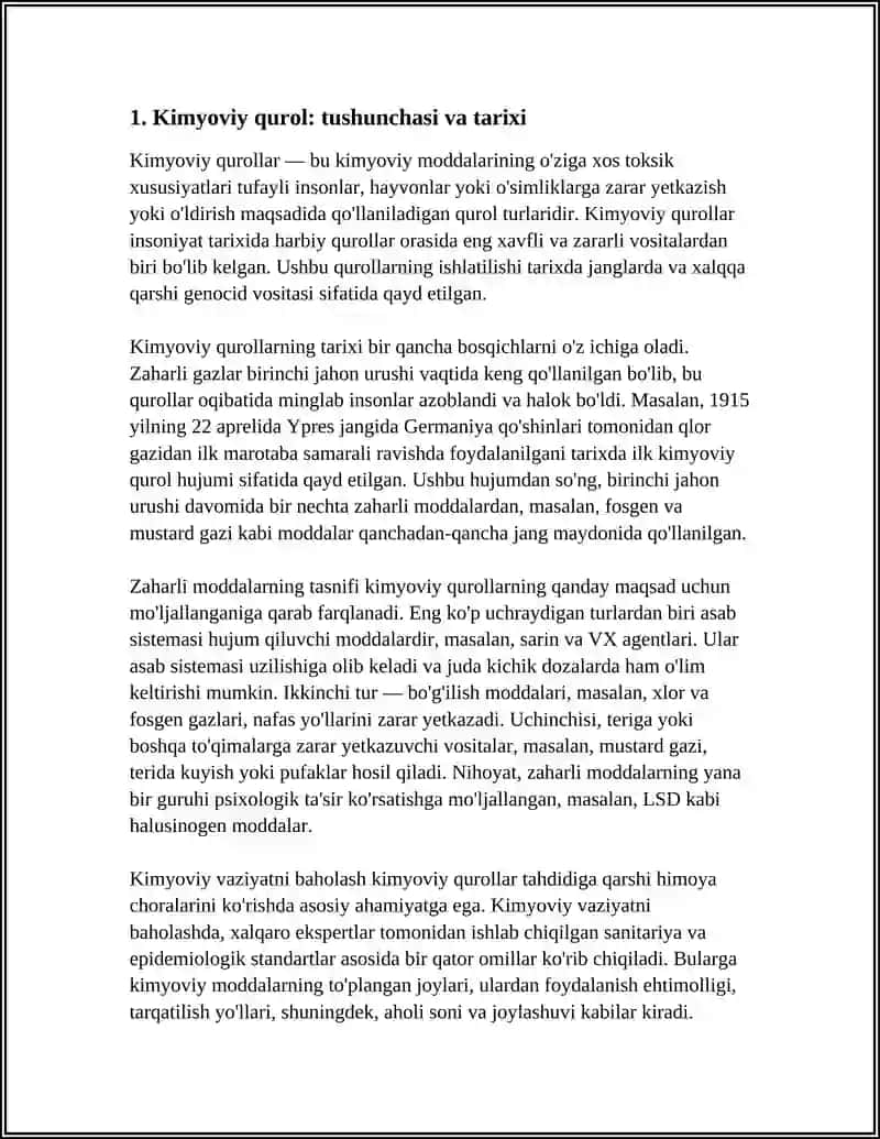 KIMYOVIY QUROL. ZAXARLI MODDALARNING TASNIFI. KIMYOVIY VAZIYATNI BAHOLASH 3