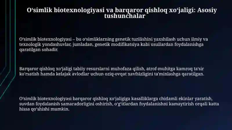 Oʻsimliklar biotexnologiyasi va barqaror qishloq xoʻjaligi 3