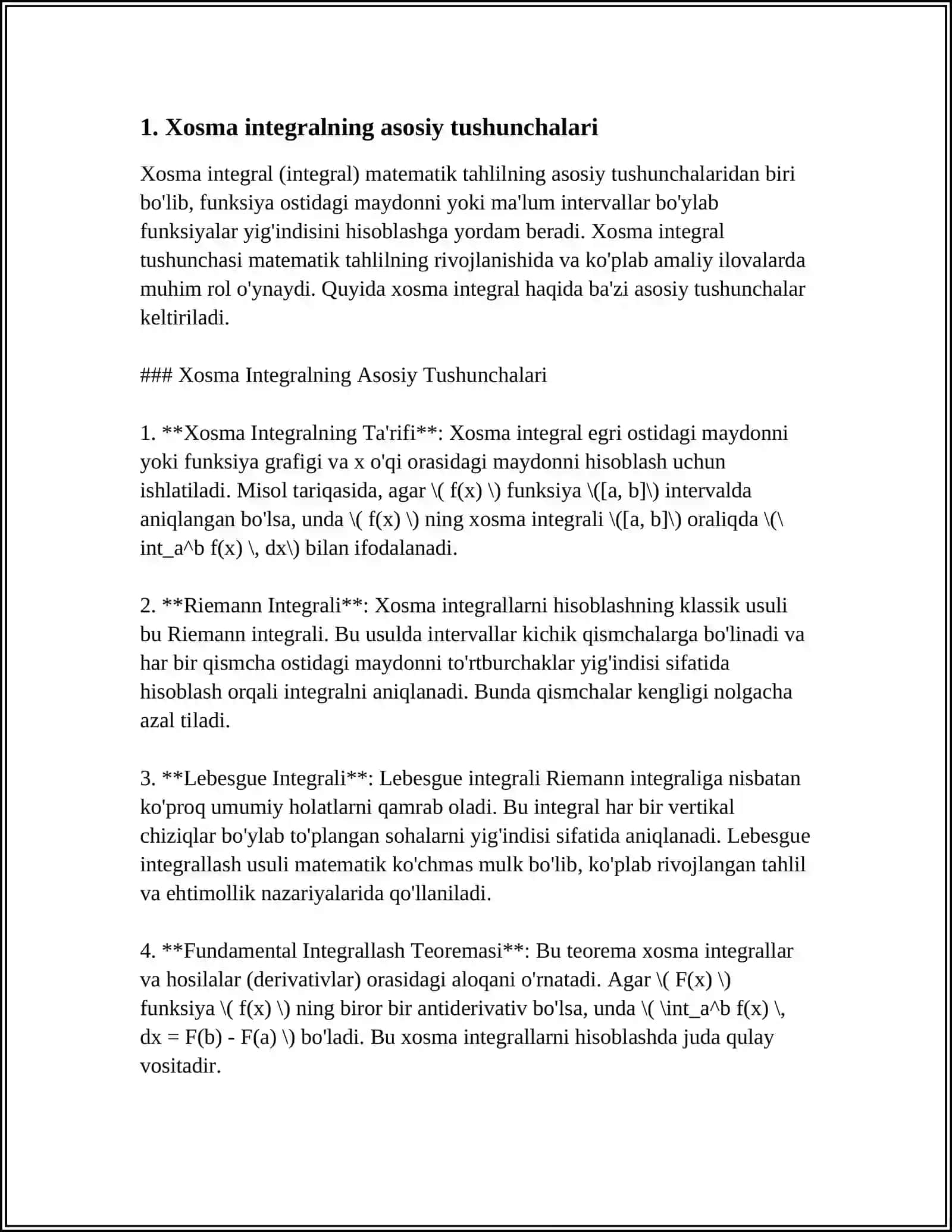 MUSTAQIL ISH Mavzu: XOSMAS INTEGRALLAR.CHEKSIZ ORALIQ BOʻYICHA XOSMAS INTEGRAL 3