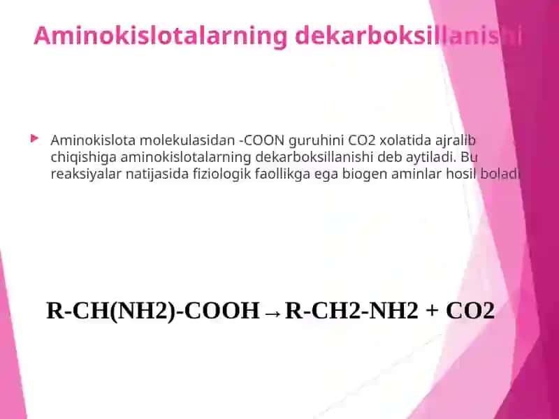 Aminokislotalar dekarboksillanishi.  Ammiakni zararsizlantirilishi. Aminokislotalar almashinuvining xususiy yоllari. 3