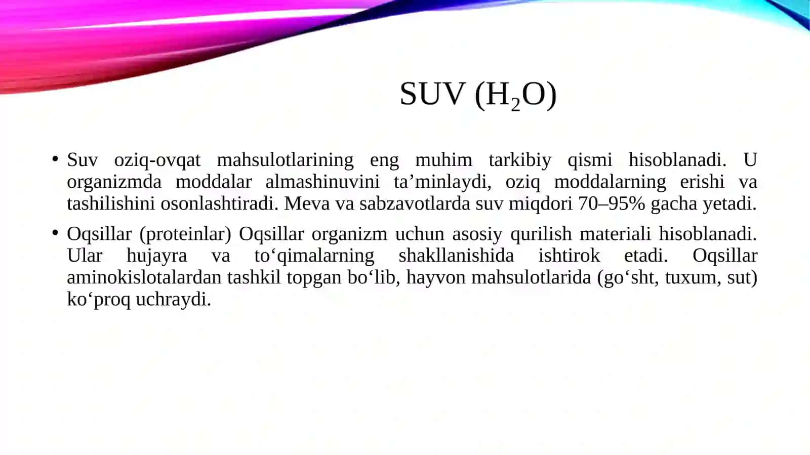 Oziq-ovqat mahsulotlarining kimyoviy tarkibi va asosiy komponentlari. 3