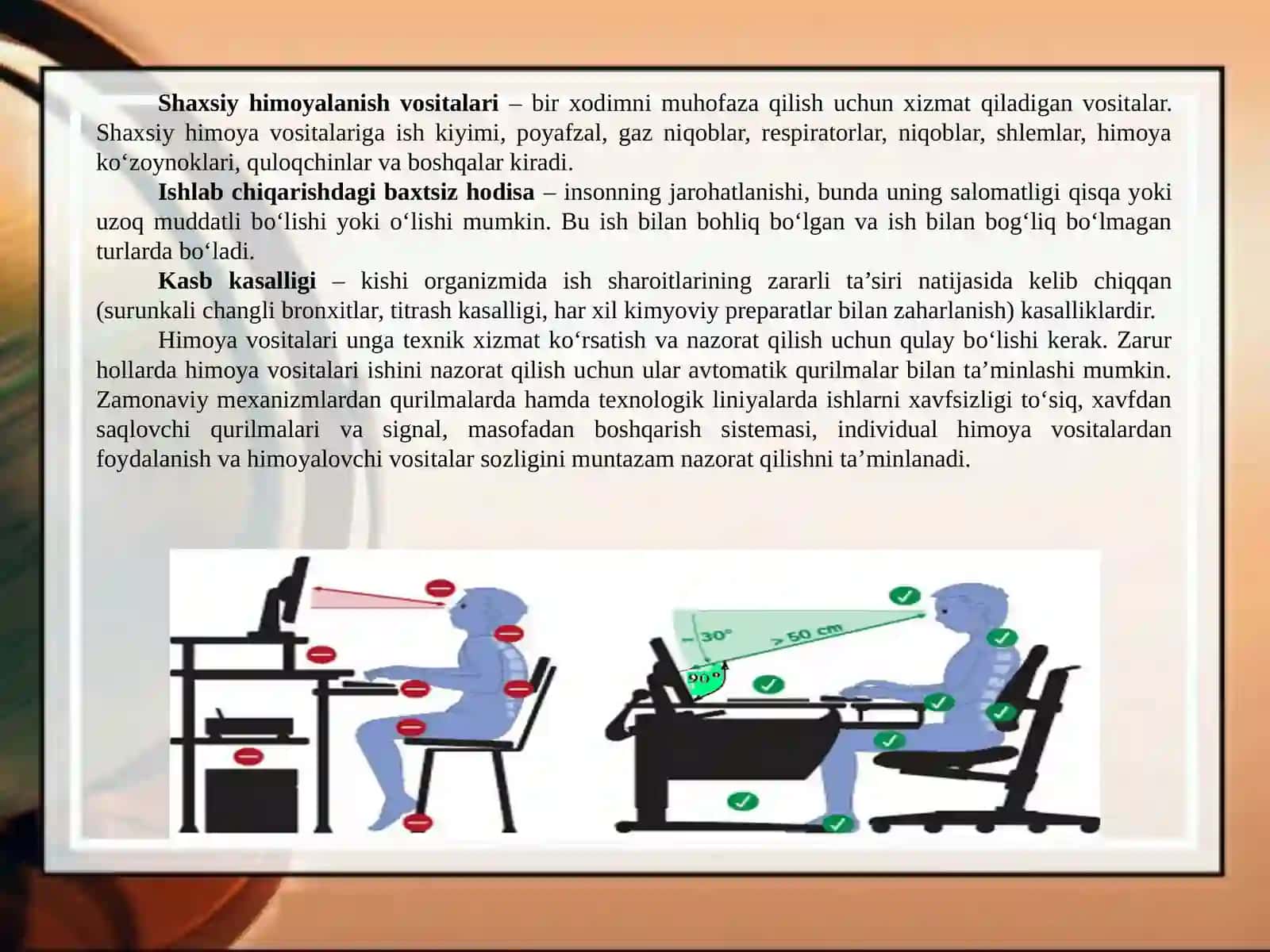 Hayot faoliyati xavfsizligining komfort sharoitlari, ishchi o‘rnini ergonomikasini o‘rganish 3