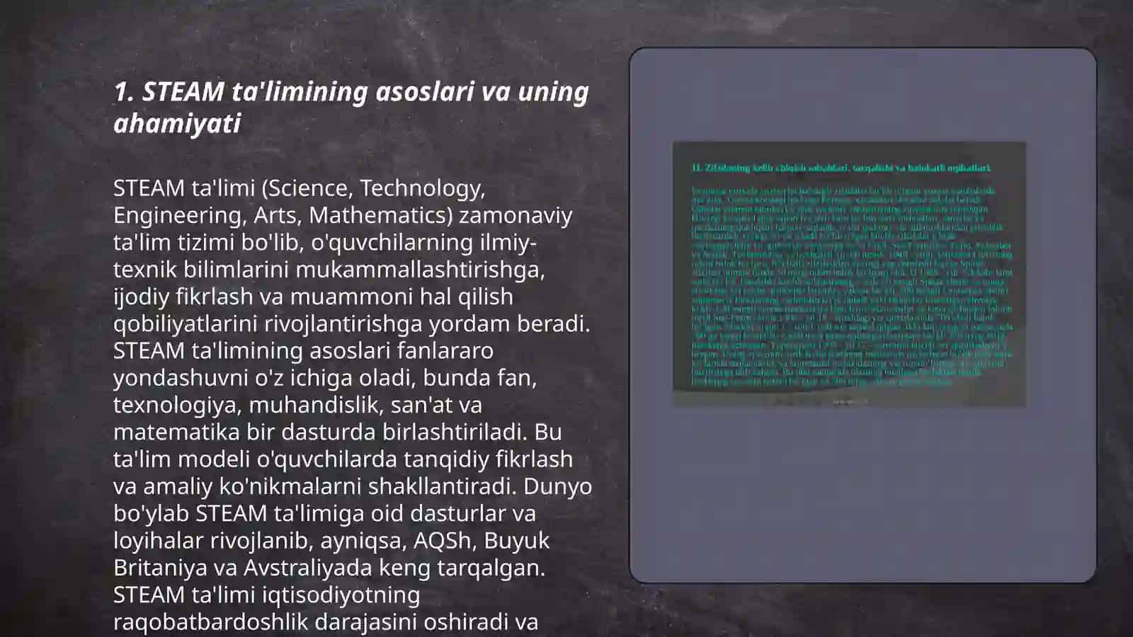 STEAM tadqiqotida o'qish va tabiiy savodxonlikni baholash bo'yicha topshiriqlar ishlab chiqish 3