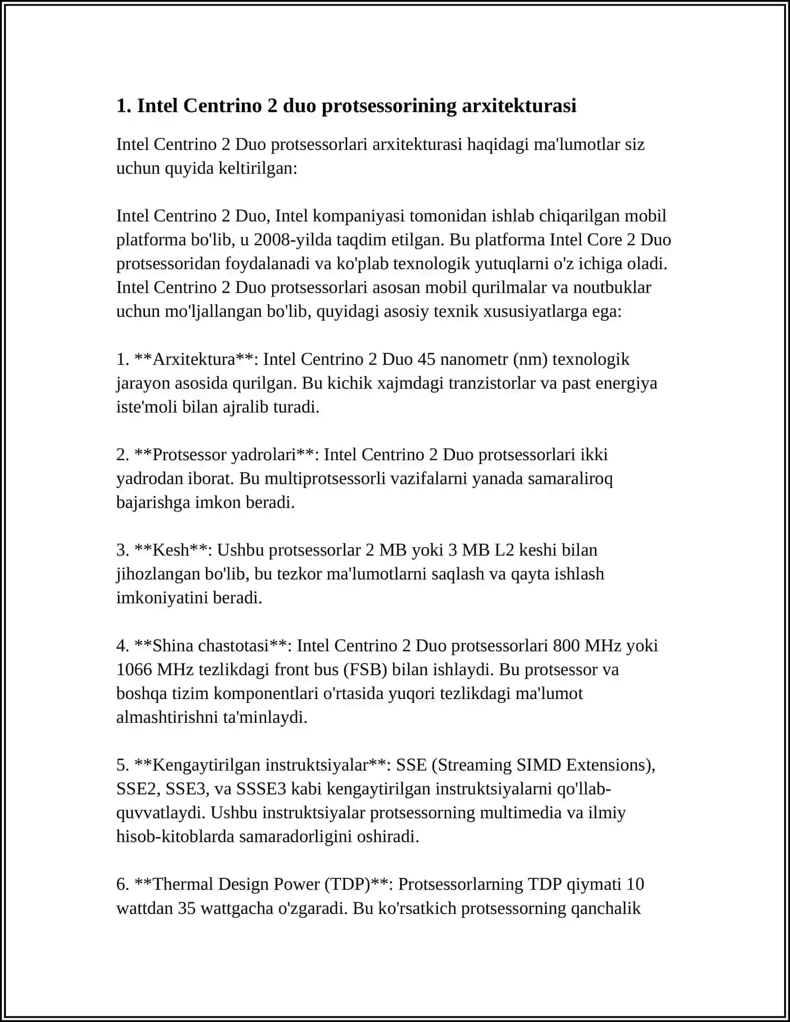 CENTRINO 2 DUO PROTSESSORINING XUSUSIYATLARI VA TARKIBIY FUKTSIONAL TASHKIL ETILISHI MAVZUSIDA MUSTAQIL ISHI 3