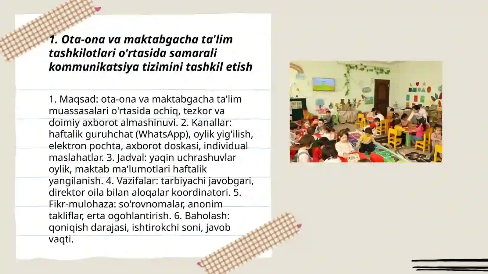 Maktabgacha ta'lim tashkilotlari, oila va mahalliy jamoatchilik bilan hamkorlik ishlarini olib borish 3