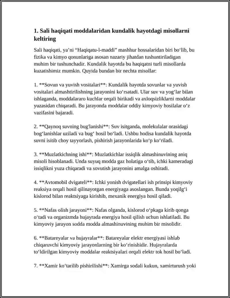 SALI HAQIQATI MODDALARIDAN MISOLLAR KELTIRING 3