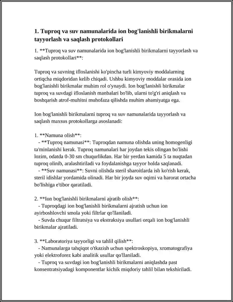 Tuproq va suvning ifloslanishida ion bog'lanishli birikmalarni tayyorlash va saqlash protokollari 3